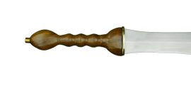 This Roman Wood Handled Dagger is a nice alternative to the traditional military Pugio. Suitable for both Romans and many of their contemporaries. This Roman Dagger is crafted with a wood hilt and an unsharpened high carbon steel blade. Includes a wood scabbard covered in leather with brass accents.