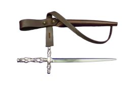 This elegant courtly stiletto has a blade of high carbon steel and a hilt of brass. It comes with a stitched leather sheath with belt loop and retention strap.
This item is not constructed to the battle-ready standard of a sword or large dagger, but it is constructed solidly enough to be used within the parameters expected of a stiletto. The item uses a short tang due to the elaborate hilt construction instead of a standard tang that extends to the pommel. It is sturdy enough to be 