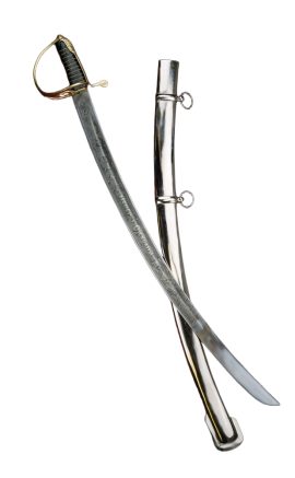This Polish 1917 Ulahn Saber has a blade forged from high carbon steel; it is etched on a single side with the motto HONOR I OJCZYZNA (Honor and Fatherland).The hilt is crafted from detailed cast brass and its grip is leather with inlaid brass wire bound over a core of wood. It is paired with a companion scabbard of steel with a pair of steel hanging rings.
This type of saber was the first saber issued to Polands famed Ulahn cavalrymen after Polands independence in 1918. Sabers such as this crossed swords with the blades of Soviet cavalrymen in the 1920 Battle of Komar in the Polish-Soviet War – a war that halted Communisms westward progress into Europe and asserted Polands recent independence. This battle had the distinction of being the last major cavalry-only engagement in history and the Polish cavalrymen soundly defeated the Soviet invaders.
Please Note: It is common for steel scabbards and steel swords to have some cosmetic blemishing present which comes from blade contact with steel scabbard which can cause scuffs / scratching on the blade.
