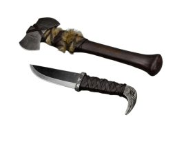 Please Note: We can sharpen these two items with our add-on sharpening option, but please be aware that the edge bevel will then be a plain bright steel finish and not the antiqued gray tone that the rest of the blade is.
Inspired by the sweeping epics of Norse mythology comes this wood boxed gift set of Viking belt tools; a hatchet and dagger and each are deeply infused with Viking legendary character. The double-headed hatchet axe is built solidly for light camp duties or self defense in a pinch and has an antique-finished axe head of tempered 1055 high carbon steel. It is embellished with ancient Nordic runes: Raido (journey), Fehu (wealth), Wunjo (joy), Ehwaz (movement), Naudiz (need), Eihwaz (defense), Teiwaz (warrior), Othila (separate), and Thuisaz (giant). The handle is dark stained hardwood which is finished with etched Norse runes. Faux fur gives it a finishing touch of northlands flair.
The companion seax dagger has a raven head pommel in homage to the twin ravens of Odin; Huginn (thought) and Muninn (memory) who were his eyes and ears, bringing to Odin the happenings of the world and the names of the worthy warriors felled in battle. The blade is tempered and sharpened 1055 high carbon steel with a forge-finished appearance. The guard and pommel are steel with an ancient, antiqued finish and the hardwood grip is bound in a leather wrap. The blade is thick, rigid and sturdy and well suited to a variety of utility tasks or self defense.
Included is a fine quality leather sheath for both tools, as well as a wooden gift box with antiqued finished brass hardware and fetching etched design and leather cords for tying the tools into place.
&nbsp;