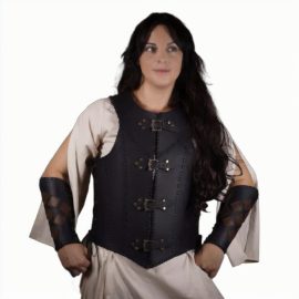 Our well-crafted leather corset when paired with a gorgeous pair of bracers (sold separately) is all you need to make a stunning LARP or cosplay outfit that will add the missing flair to your barbarian or huntress character. Its nicely sewed structure supports a desirable fit and makes it comfortable enough to be worn for really long hours.
HANDCRAFTED skilfully by our artisans from GENUINE BUFF LEATHER, this corset is surely one of a kind! Unlike other flimsy replicas available out there, it is more robust and offers enhanced durability! Front closure of four leather straps and four antique brass buckles with adjustable leather cords at the sides.