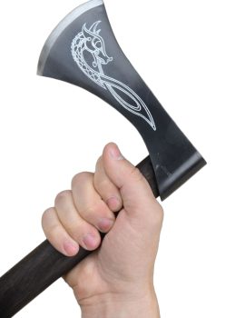 The Viking Throwing Axe from Windlass Steelcrafts has a weighted throwing head forged from 1065 high carbon steel which is engraved on both sides with a knotwork Viking dragon; the axehead has been blued for a dark and contrasting finish. It is mounted to a hardwood haft and deeply stained for a final, aged finish.
