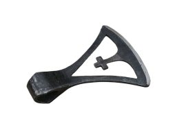 This Viking Gotland Axe head is hand-forged from high carbon steel and is ready to be mounted onto your own wooden haft. The blade edge is thick and blunt for reenactment and stage combat. Blade edges are about 1.7 mm which widen to about 3 mm in thickness at the thick, blunted blade ends.
The socket measures about 1 1/2 x 7/8 in diameter – exact sizes can vary due to handcrafted nature of this axehead. The axe socket can be mounted directly to haft of a matching size. For a more durable construction we recommend using a haft which is wider than the socket and then trimming the end down to make a slot for the axehead to be seated upon. By using this method you can use a wider wooden haft and by slotting the axe into place it makes it impossible for the axehead to come loose and move down the haft.
To achieve a tight fit between axehead and wood haft we recommend the use of axe wedges – these are sold separately and are linked on this page with a thumbnail link under the also available section.
This unique Viking axehead is a replica of a 10th century original from Gotland in Sweden. Like other similar axes in Scandinavia it has a prominent cross cut out of the axe which is evidence of the conversion to Christianity in the region. Though this conversion was not entirely wholesale and was in many cases a syncretism between Christianity and the Norse pantheon. Many elements from both merged together to have dual symbolism and in many cases the Christian cross had a sort of dual representation with the stylized Hammer of Thor.
