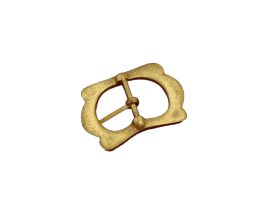 This angled belt buckle is made entirely from solid brass and is ideal as a buckle for a baldric or to complete a strap with which to secure a chest or to fasten a larger piece of armor.