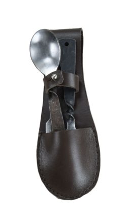 This Medieval Feasting and Cutlery Set with Belt Pouch features a fork, spoon and knife which are all hand-forged into form from stainless steel. Surfaces on the spoon and fork which come into contact with food and mouth are polished, whilst the rest of the utensils are left rough polished to retain a rustic, period appearance. The knife has an appropriately thin, but unsharpened edge that can be sharpened nicely.
The leather belt pouch is crafted from durable leather with a stitched construction and has an integrated belt loop as well as a buttoned retaining strap.
Approximate Dimensions:
Knife
Overall Length: 7” Blade Length: 3 3/4”
Weight: 2 oz
Fork
Overall Length: 6 1/2”
Weight: 1.3 oz
Spoon
Overall Length: 7/8”
Weight: 2 oz