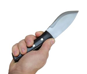 This large fighting Bowie and its companion Utility Dagger are both forged with thick-spined blades of 5160 high carbon steel. The blades are differentially hardened to possess a hard edge of 58-60 HRC, a body of 45-46 HRC and a spine of 22-25 HRC – this composite of hardness gives the blade a sharp and hard edge and a softer, non-brittle body resistant to shocks. The grips of these daggers are formed from two halves of carved and highly polished horn that is solidly riveted to thick tangs. Pre-drilled holes in the pommels accommodate your own lanyards.
The sheath is crafted from stitched buffalo leather and holds both daggers. It is fitted with a pair of buttoned retaining straps for both and a belt loop for wear.