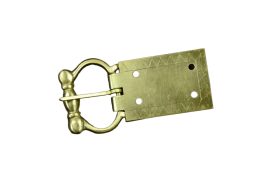 This belt buckle is made to take a belt or strap sandwiched between its brass plates with the whole construct riveted in place.