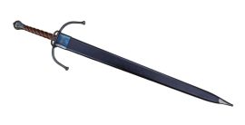 This complex-hilted longsword can more readily deflect and entrap an opponents blade than swords with simpler hilts and this allows for it to be used for a greater variety of offensive and defensive techniques when in skilled hands. The rings on the hilt and extended crossguard also serve to give excellent protection to the hands and forearms. The blade of this example is made from high carbon steel and it has thickened edges which allow for it to be used for stage and sport combat where repeated blade-on-blade contact is to be expected. It is durably mounted into its hilt.
The crossguard and pommel are made from blued steel and the grip is carved hardwood with a smooth polish. The sword comes with a wooden scabbard which is wrapped in leather and completed with blued steel fittings.
The black felt tab at the base of the crossguard can be removed if desired.
