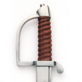 Circa 1775 The American Colonists were, like most of Europe, amorous of the dashing French Hussar. The handmade hilt of this American saber reflects their admiration of the 1700s French style. This well-balanced, fast sword was designed for the mounted fighter. Solid steel hilt with spiral pattern carved hardwood grip is married to an effective 1085 high carbon, well tempered blade. Comes with black leather scabbard with steel mounts.
This attractive sword can be seen in the book Swords and Blades of the American Revolution by O.C. Newmann. A piece of early American history to start or add to your collection. Made by Windlass Steelcrafts. Arrives sharpened from the factory.
Key Measurements:

Overall": 39-1/2"
Blade: 34" long, 1-1/4" wide, 3/16" thick
Wt: 2 lbs
