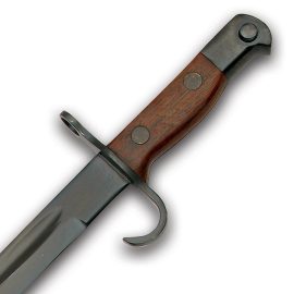 The Arisaka Type 30 Bayonet was used by Imperial Japan from 1897 through 1945 on all Type 38 and Type 99 rifles and carbines. Our high quality reproduction is a pre-1937 style with a quillion. The blade is made from 1095 high carbon steel. All metal, including the scabbard, is nicely blued and the wood scales have a satin polished look. Made by Windlass Steelcrafts and comes factory sharp.

Overall: 20"
Blade: 15-1/2" with fuller
Wt: 1-1/2 pounds with scabbard


Can be personalized with 3 Initials.