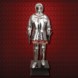 The Imperial city of Augsburg was renowned for armor makers, which included the Helmschmied family and master armorer Lorenz. This suit is reminiscent of a 16th century design, which would have been in the style manufactured by that illustrious foundry. Though this suit is not made to be worn, it is still maintains all the esthetic beauty of a full harness of armor.  Handmade of 18 gauge mild steel, this imposing suit is one of the most affordable we have ever offered. The artisans of Windlass Steelcrafts have worked on these suit and have upgraded the look, making these better than most of the more affordable armors on the market. Comes complete with a heavy, museum quality wooded pedestal base, decorative waist skirt and complete wooden interior form. The helmet is able to accept up to three decorative plumes (sold separately). FREE standard US shipping - A $300 Value! Weighs 80 lbs. with stand and will be shipped motor carrier ground.  Key Measurements:    Overall Height: 81"  Armor Height: 72"  Base: 21-1/2" x 21-1/2" x 9"  