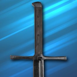 This sword has a sharpened, darkened 1065 high carbon steel blade with a broad fuller to lighten the full tang blade. Includes a leather scabbard with a metal throat and chape. 
Grosse is German for great and messer is German for knife. That’s essentially what this sword is, a Great Knife. Unlike typical swords, this two-handed weapon is constructed like a knife, with a single-edged blade and a full tang with riveted scales for the grip. First appearing in the late 1440s, messer-hilted arms were also used in other European nations, with local or regional names. Examples have been discovered in the Netherlands and Northern France, Iceland, Sweden, and the Baltic Nations, in the central European nations of Poland, Czechia, Hungary, and Romania, and to the south of Germany in Switzerland, Austria, Slovenia, and northern parts of the Balkan nations.
This is a devastating chopping weapon, but the keen clip point can poke some serious holes. The fuller is extra broad to lighten the blade. The hilt features a wide, straight guard that flares slightly at the ends. To protect the hand, a nagel protrudes from the right side of the cross-guard perpendicular to the flat of the blade. The ebony-stained wood scales are secured with heavy-duty rivets. It includes a top-quality, genuine leather scabbard with metal throat and chape.
The 1075 high carbon steel has a darkened, battle-hardened finish, so it’s well protected from the frequent rust spots and stains that occur so often from everyday practice and exposure to the elements. The blade has a full tang and is tempered to a low 50s RC. This pre-sharpened blade has gone through rigorous testing. The hands-on nature of the manufacturing by master smiths makes this line unique.
Includes a certificate of authenticity signed by each smith that touched your blade through every step of the forging process. Also includes "Battlecry" sticker. Made by Windlass Steelcrafts - Swords Don't Need Reloading™.  
