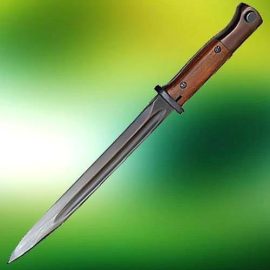 This bayonet is reproduced in exacting detail from a mid-WWII original and fits German, Yugoslavian, Czech and most K-98 clones. The blade is made from 1095 high carbon steel and properly tempered to hold a razor edge (sharpening available for an additional charge). All metal is deeply blued and wood grips have a rubbed oil appearance. Sheath is made from blued steel. Bayonet weights 14 ounces. Made by Windlass Steelcrafts® and comes factory sharp.

Overall: 15"
Blade: 9-7/8

