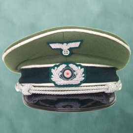 Our fine reproduction visor caps are perfect for the re-enactor or collector. This Wehrmacht Officer’s Cap is grey/green in color, complete with white piping, silver cap cords, silver colored cloth cap badge and a silver colored spread eagle swastika badge. Specify size: 7-1/4", 7-1/2" or 7-3/4". Patent leather visor and leather sweat band.     
Please note: ACC holds no sympathetic regard toward Nazis, fascists, or other neo-political parties, past or present. This product is intended for historical purposes only.