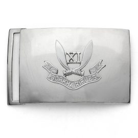 These are unissued, highly polished 11th Rifles Regiment belt buckles. Made under contract, but never saw any use. The badge on the front is bolted onto the slightly curved buckle. Designed for military-style belts or 2 hole prong belts. A rare find, very few found. Show signs of wear from long-term storage which includes some scratches, scuffs, and nicks, but overall very good condition. 2 3/8" x 3 7/8". No one will have a military issue buckle like yours!