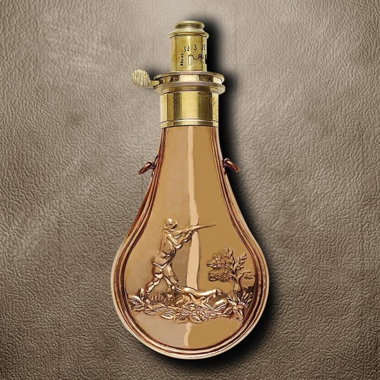 Brass Powder Flask with Hunting Scene Replica