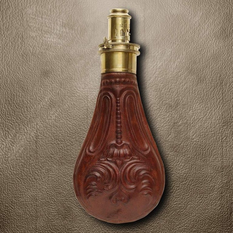 Brown Leather Powder Flask with Floral Design