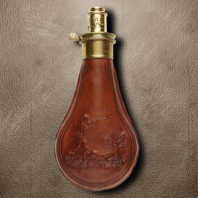Brown Leather Powder Flask with Hunting Scene