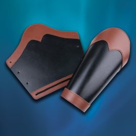 These top grade leather vambraces are perfect for a variety of period ensembles. The 7-8 oz thick black leather has been stitched and accentuated with colored leather accent pieces. Measures 10” tall by 10-1/4” wide flattened. Comes with soft cotton cording for securing, allowing them to be pulled tight and tied with ease. Available in Black with Brown base and wrist or Black with Green base and wrist. Great for SCA, LARP, Renaissance faires and re enactments. 
