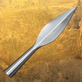 The Peltasts or light infantry of ancient Greece were often armed with multiple light javelins, often with throwing straps to increase standoff power. Our javelin head has been modeled for use after these lighter yet deadly spears. Hand forged of tempered steel, these heads are made to fit wooden shafts of 7/8" diameter. Made by Windlass Steelcrafts.  Key Measurements:    Overall: 9"  Head: 4-3/4" long, 1-3/4" wide  Wt: 6 oz  