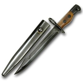 Correct Bowie blade bayonet for the Enfield No. 5 carbine. Blade marked "RFI" - Rifle Factory Ishapore. Complete with steel scabbard. Made by Windlass Steelcrafts.    Overall: 12"  Blade: 7-3/4"      Can be personalized with 3 Initials.  Click here for details on our personalization service and return policy.
