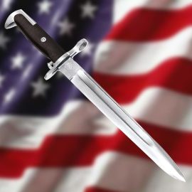 M1 Garand Parade Bayonet was made to the exact same specs and materials as the famed originals, but with beautiful chromed steel fittings for dress, parade, ceremonies, etc. Used by all branches of service and Military schools after WWII and still being used today.  Scabbard is issue OD green, but features matching chromed steel parts for a handsome set. Original black grips.    Overall: 14-1/2" long  