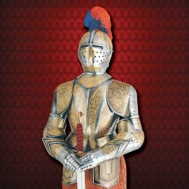 Though the origin of the armored combat goes back to the Egyptian period, developing with Greeks and Romans, the medieval armour most known, formed of plates of steel or iron, linked to each other with hooks, nuts, and nails it holds the warrior by means of straps and clasps, it started being used in Europe, infantry as equestrian, in the 14th century and reached the perfection at the end of the 15th transforming in the middle of the 16th century in a luxury vestment for the warrior, adorned and embellished with the beauties of the sculptural art and of the metallic industries. It declined notably in the 17th century as the firearms were perfected and from the 18th century they are only used as incomparable ornament of castles, palaces, museums, and all that place that wants to incorporate into its stays a nice historical recollection.  In the Royal Armoury in Madrid is kept one of the biggest and richest collections of armours in the world, and contains pieces principally of the 16th century age of Carlos I, wherefrom Marto takes his inspiration reproducing them in different sizes or scales, the materials used are very similar to the original ones, iron and steel moulded in a craft way, brocades imitating fabrics of the age, and bases of wood, giving ended to the metal " ancient patina " that protects its from the exterior oxidation.