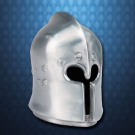 This beautiful miniature cast pewter Barbute Helmet makes a wonderful paperweight or decor for the home. Miniature Archers Sallet and Knightly Sallet pewter helmets also available.     Measures 3-1/2" x 3"    