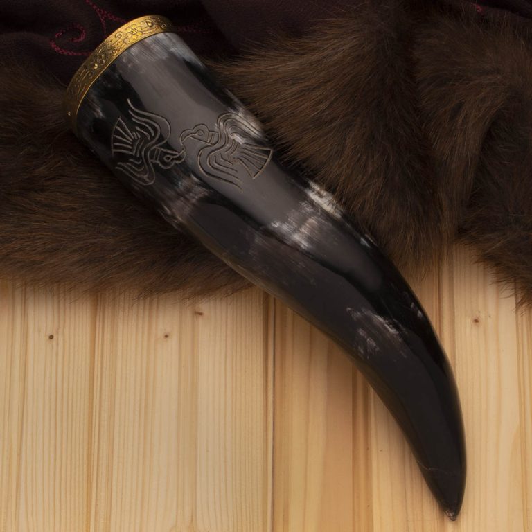 Viking Drinking Horn with Odin's Ravens Design