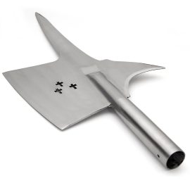 Mounted on a 7' long pole, the halberd was swung with both hands at an opponent. It was used as a spear, axe or to pull a knight from his horse. The halberd contributed its lethal capabilities to European skirmishes across more than 3 centuries (1300-1630).

Our Swiss halberd head is hand-forged of tough, high carbon steel by the master armorers at Windlass Steelcrafts. It can be mounted on a wooden dowel from your local hardware or home supply store.