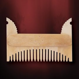 Viking women took great pride in looking finest for their warrior men and this stunning comb of bone would be the perfect way to do so. Hand-carved of actual bone, this comb is designed with two stallion heads rearing on the ends. Carved circular designs add to the beauty of this piece. Note: Bone is a natural product and no two finishes will look alike.    Overall: 4" x 2-3/4"    