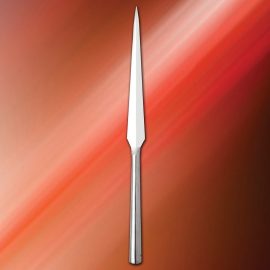 It was known that Vikings would often carry several spears so that they would have a few to throw and at least one to hold in hand combat. This tough spearhead is both sturdy and deadly. Made by Windlass Steelcrafts of high carbon steel the open socket fits a 1-1/4" round pole (not included but available at most home center stores) and has two attachment holes for a secure fit.    Overall: 24-3/4"  Spearhead: 13-1/2" long, 1-7/8" wide  Wt: 1 lb / 6 oz    