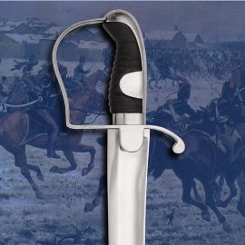 Designed by Major-General John Gaspard Le Marchant, the 1796 pattern light cavalry saber was based on Central and Eastern European hussar swords. As a young captain, he observed the clumsy design of the heavy, overly long 1788 Pattern swords. Le Marchant opined that the "blades of the Turks, Mamelukes, Moors, and Hungarians (were) preferable to any other." He gave the blade of this saber a pronounced curve, which made it more adept at cavalry attack methods, and designed it with a widened tip that affected the balance, but made slashes far more brutal. It was issued primarily to British light dragoons and hussars and was also used by the King's German Legion light cavalry during the Napoleonic Wars. The blade profile became so popular that the Prussians and other German states emulated its design throughout the 19th century. This exact replica of an original antique weighs only 1 lb, 12 oz, and the blade features an extreme distal taper, enabling it to feel exceptionally lively. A full 5/8" thick at the hilt, and tapers to a super thin 1/64", 1" from the tip. The blade is hand forged from tough 1080 high carbon steel and spring tempered and arrives fully sharpened.The hilt replicates the originals, with a 5/8" wide knuckle guard, steel spine, and contoured, ribbed leather grip. Complete with accurately reproduced steel scabbard.