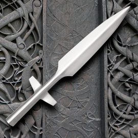 Used as throwing weapons and pikes, spears were an indispensable part of every Northman's gear, whether he was Norwegian, Dane, Swede, Finn, or Icelander. In fact, some of the earliest Viking proverbs admonished men to always have their spears within an inch's reach in case of an unforeseen threat.

This Winged Broad Viking Spear is hand-forged of tough, high-carbon steel by the master armorers at Windlass Steelcrafts. The wings prevented the spear from penetrating too deep for easy retrieval. It can be mounted on a wooden dowel from your local hardware or home supply store.
