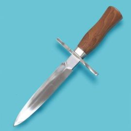 Sold out!Only 2 of these knives were made, one with a scabbard and one without.  High carbon steel blade, stout hardwood grip with a long steel guard and a full metal scabbard. Note:  This is a one of a kind sample that did not made it into production. 

Overall: 11"
Blade: 6-1/2" long, " wide, 3/16" thick
Weight: 6 oz

