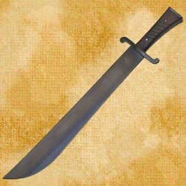 
Sold out!  This WWII German Luftwaffe Survival Machete was issued primarily to bomber crews on the Eastern front. Originals are rarely seen, making our high quality reproduction a must-have for the collector and re-enactor. Blade is made from hand forged high carbon steel, tempered in computer controlled kilns and honed to a razor sharp edge. Dark finished hardwood scales are pinned in place. All metal, including sheath is deeply blued. Black canvas frog fits belts up to 2-3/4" wide. Made by Windlass Steelcrafts.        Overall 21"      Blade: 16-1/4"      Wt: 1 lb/9 oz      Can be personalized with 3 Initials.    Click here for details on our personalization service and return policy.