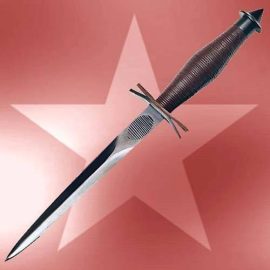 Originals are very scarce, but this faithful, collector quality reproduction has a factory edge allowing you to fine tune your level of sharpness with little effort and battle ready. Features 1095 high carbon blued steel double edged blade (both edges are razor sharp). Grooved thumb rest in the ricasso for improved control when thrusting, pointed steel skull crusher pommel. Leather washer grip with leather cross guard buffer (the leather buffer was only attached through the tang, it was not attached to the back of the cross guard).  Comes with low-ride top grain leather scabbard with steel reinforcing, fits belts up to 3" wide, and leather leg thong. Made by Windlass Steelcrafts®.  Can be personalized with 3 Initials. Click here for details on our personalization service and return policy.  Cannot be shipped to CA, MA or NY.