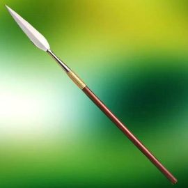 The Zulu "Iklwa" is the famous short shafted, large bladed spear that carved out one of the greatest early African nations. Used with a cowhide shield this spear, sized for a deadly underhand stabbing fighting style, is said to be named for the sound it made as it entered the enemy. High carbon tempered steel. Brass wire reinforced socket, wood shaft. The Zulu “Iklwa” is a must for history buffs or collectors of military weapons. Made by Windlass Steelcrafts.    Overall: 50"  Blade: 13" x 2-1/2" x 3/16"  Wt: 2 lbs/8 oz    