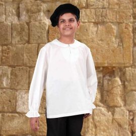 Designed for youth, this soft white Musketeer Shirt is 100% cotton with an attached pageboy collar and ruffled cuffs. Can be worn with our Musketeer tabard or just about any period ensemble. Available in medium and large.   Click here for size chart
