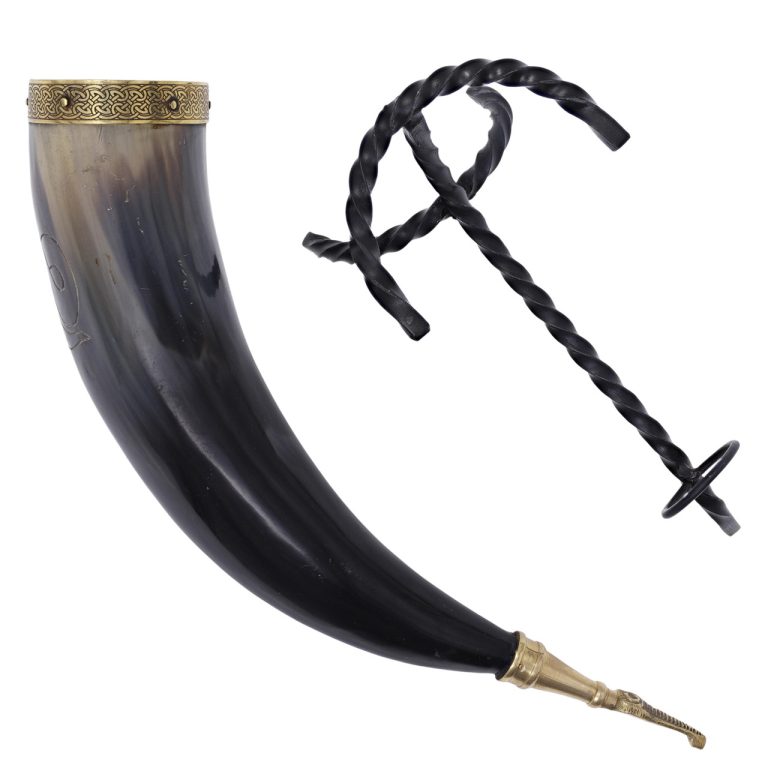 Brass Tip Drinking Horn with Iron Rack