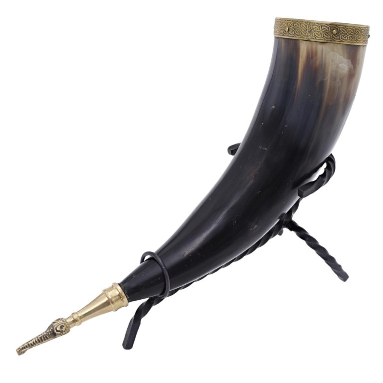 Brass Tip Drinking Horn with Iron Rack