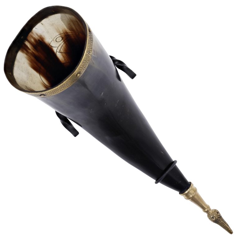 Brass Tip Drinking Horn with Iron Rack
