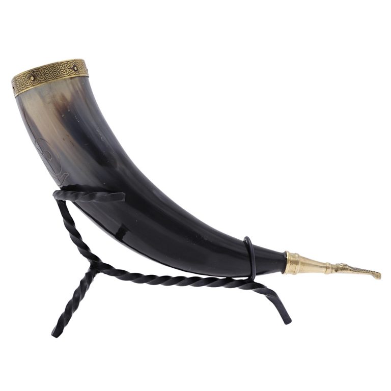 Brass Tip Drinking Horn with Iron Rack