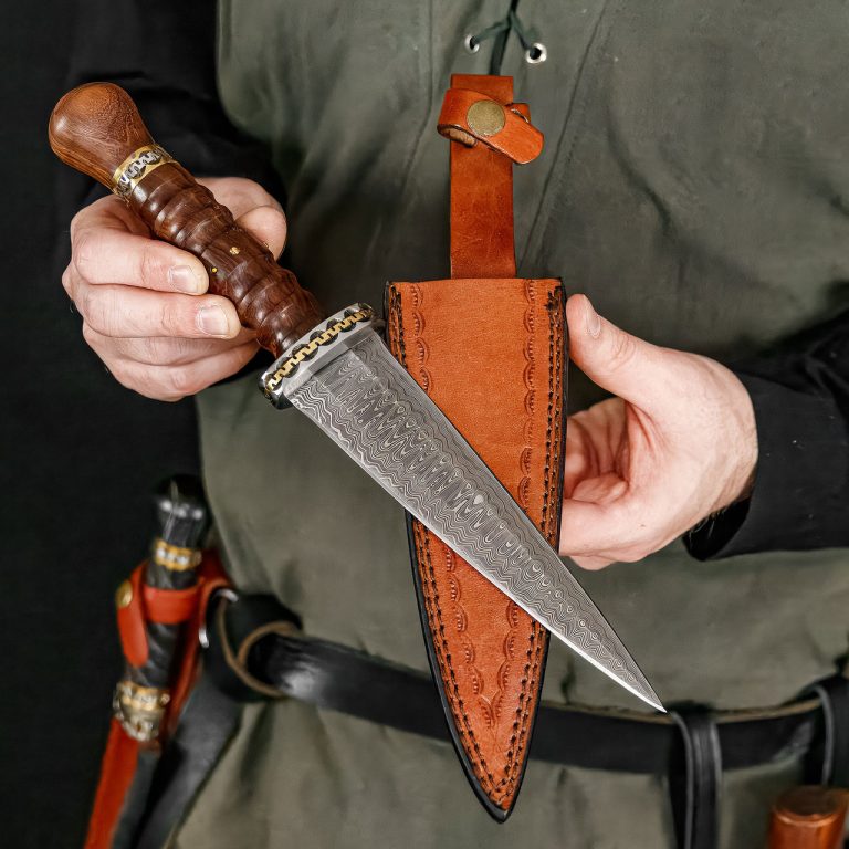 Damascus Double Edge Dagger with Leather Sheath