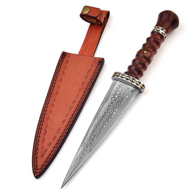 Damascus Double Edge Dagger with Leather Sheath