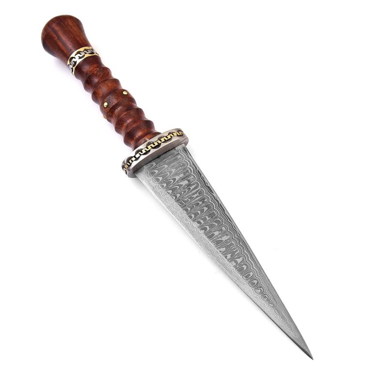 Damascus Double Edge Dagger with Leather Sheath