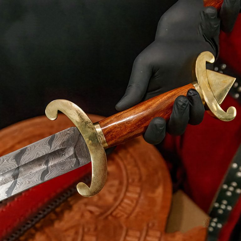 Damascus Sword with Brass Pommel and Leather Sheath