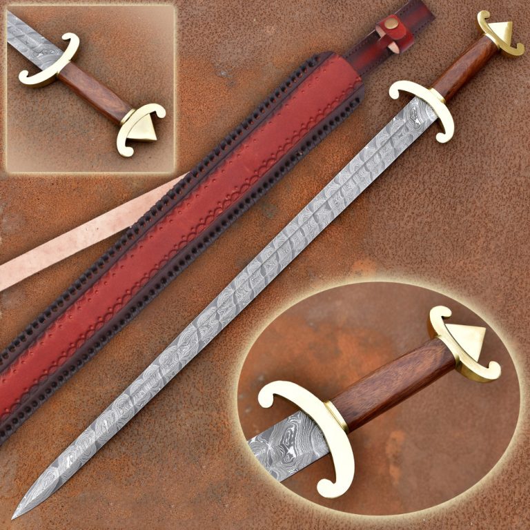Damascus Sword with Brass Pommel and Leather Sheath