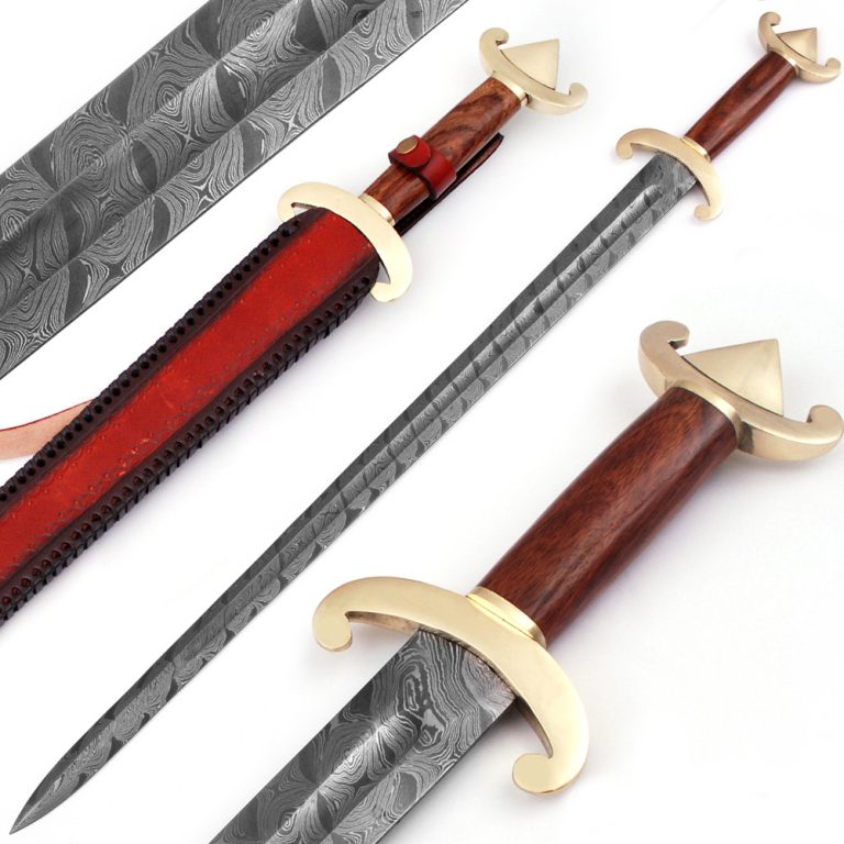 Damascus Sword with Brass Pommel and Leather Sheath