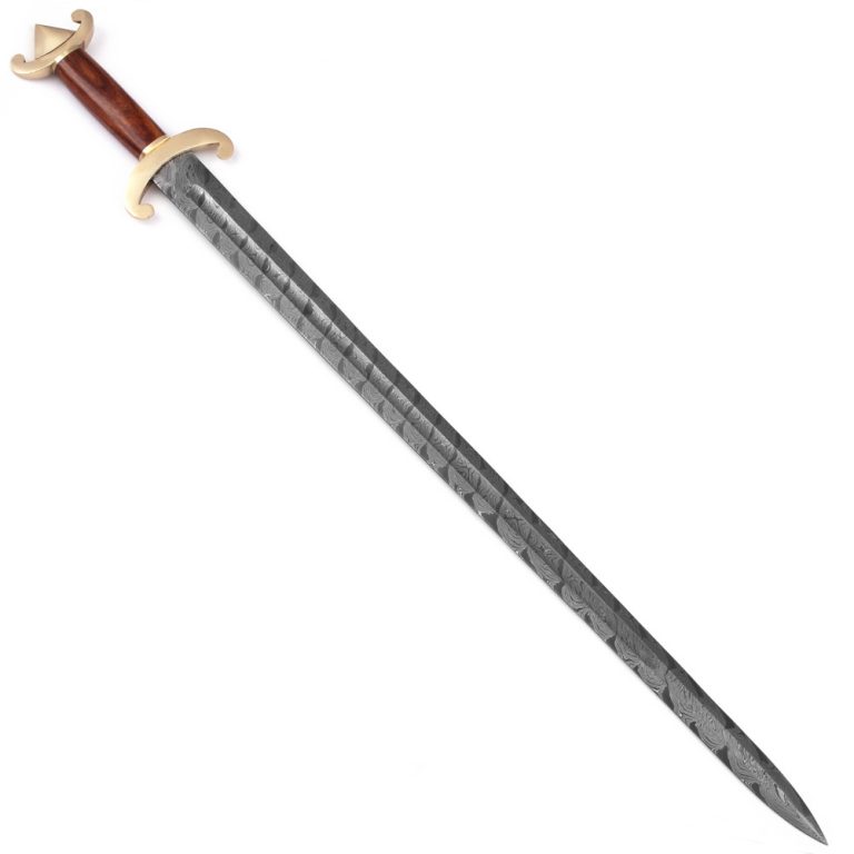 Damascus Sword with Brass Pommel and Leather Sheath
